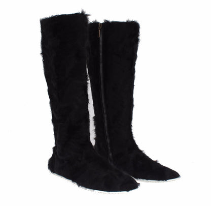  - Elegant Black Fur Leather Flat Sneaker Boots