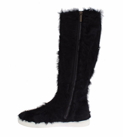  - Elegant Black Fur Leather Flat Sneaker Boots