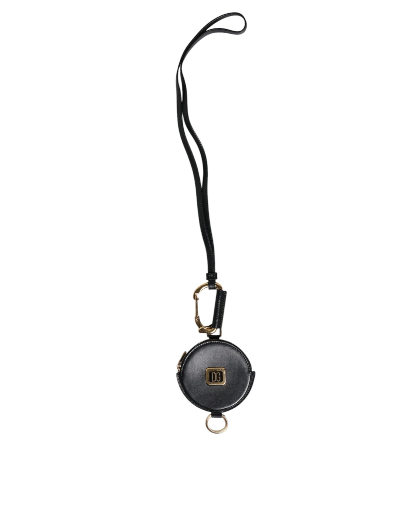 Dolce & Gabbana Black Leather DG Logo Round Coin Purse Lanyard Wallet