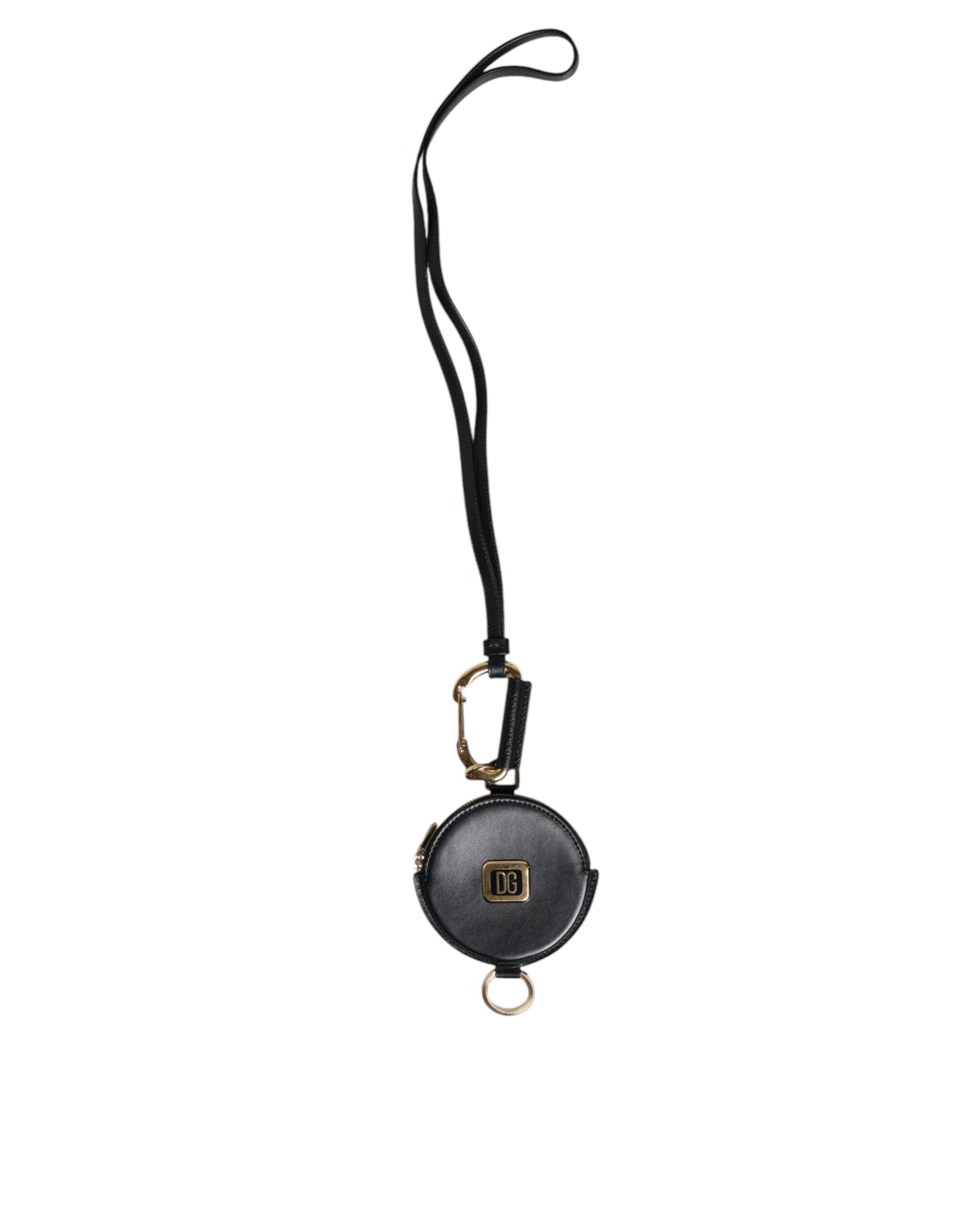 Dolce & Gabbana Black Leather DG Logo Round Coin Purse Lanyard Wallet