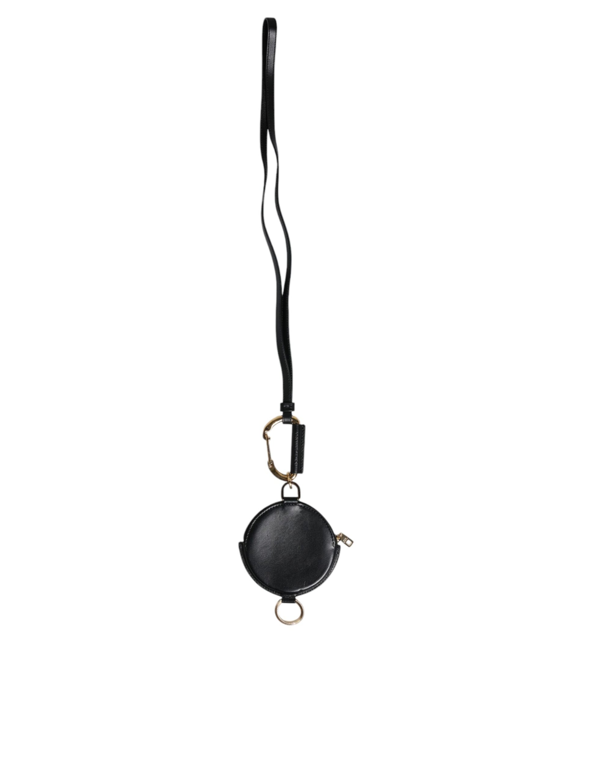 Dolce & Gabbana Black Leather DG Logo Round Coin Purse Lanyard Wallet