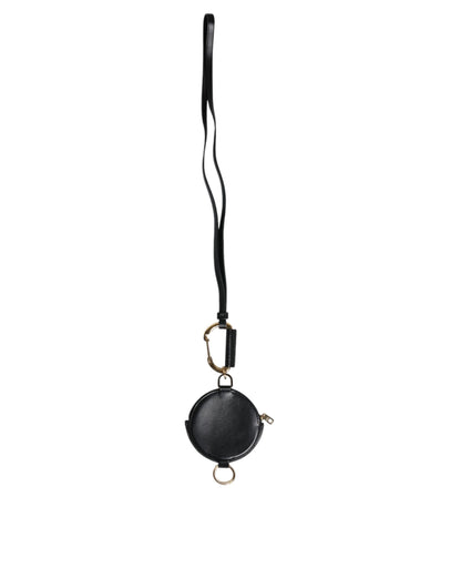 Dolce & Gabbana Black Leather DG Logo Round Coin Purse Lanyard Wallet