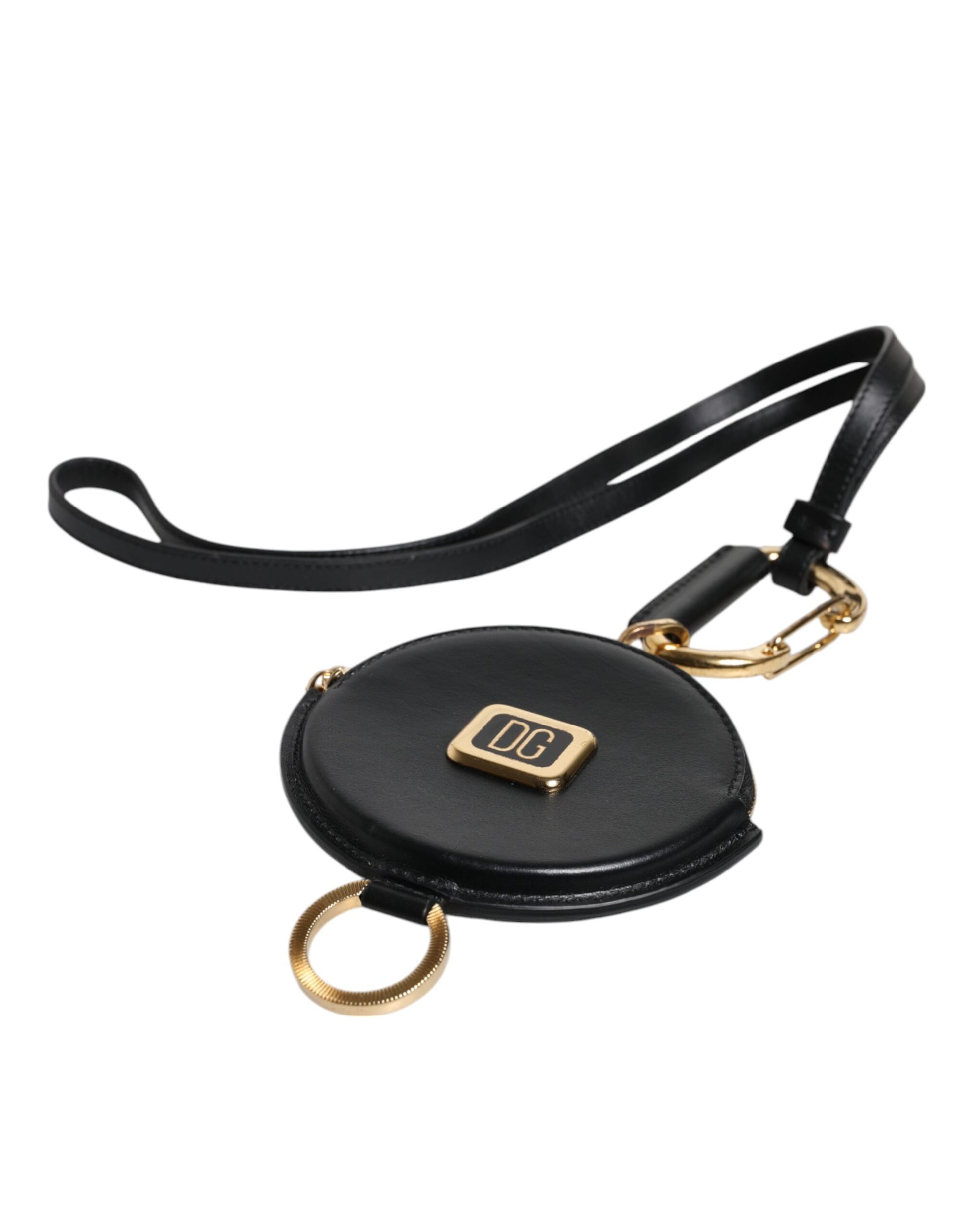 Dolce & Gabbana Black Leather DG Logo Round Coin Purse Lanyard Wallet