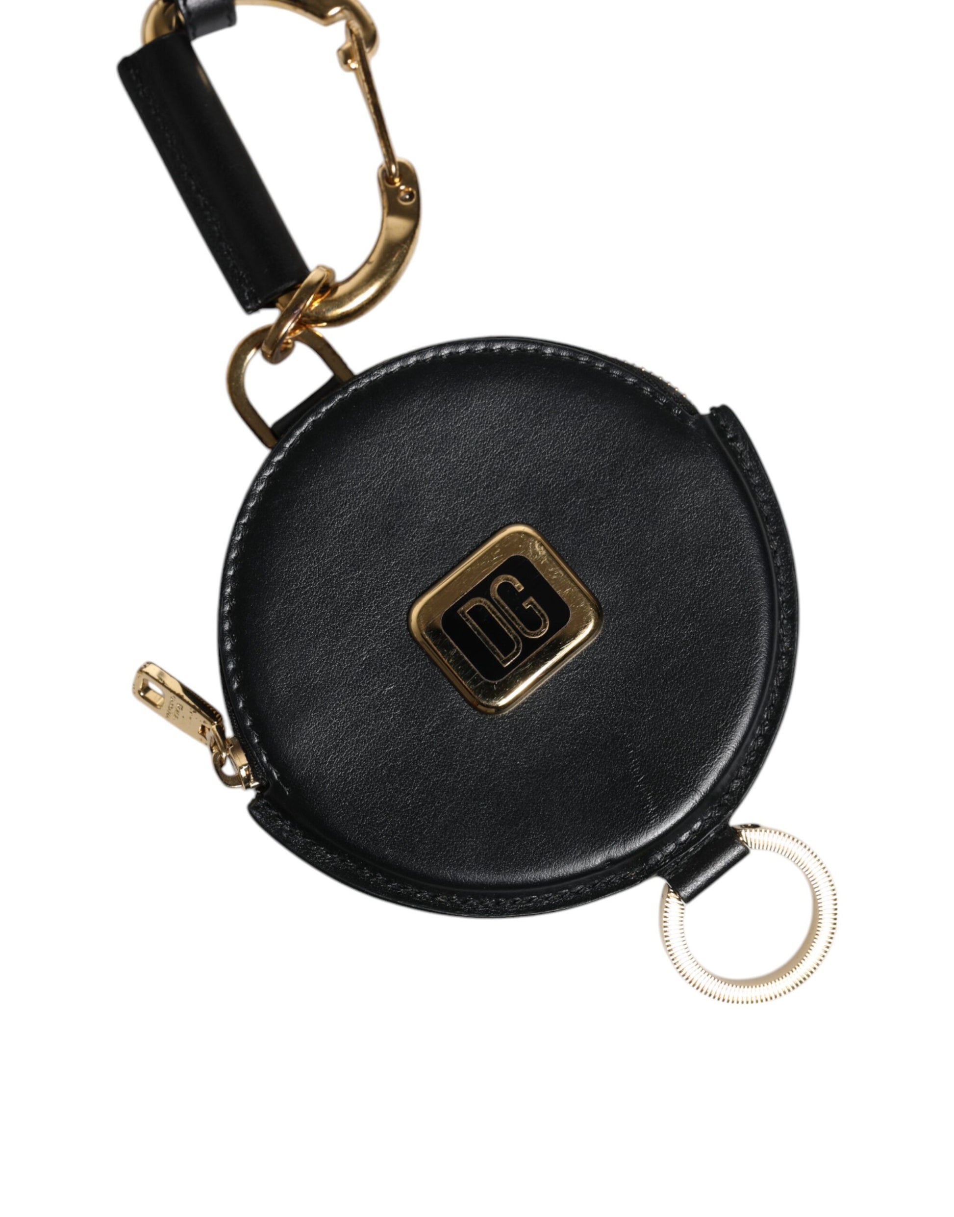 Dolce & Gabbana Black Leather DG Logo Round Coin Purse Lanyard Wallet