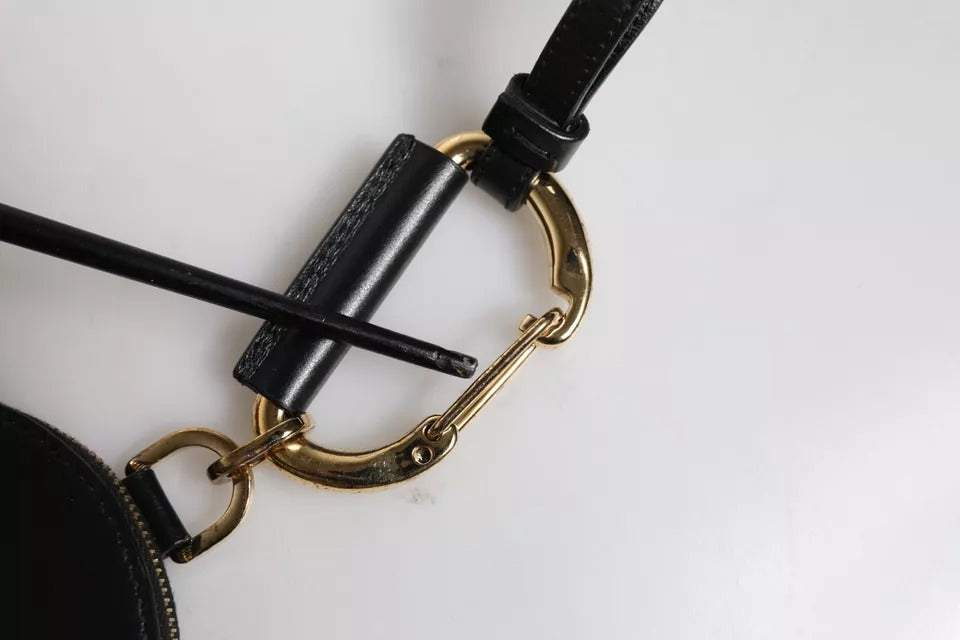 Dolce & Gabbana Black Leather DG Logo Round Coin Purse Lanyard Wallet