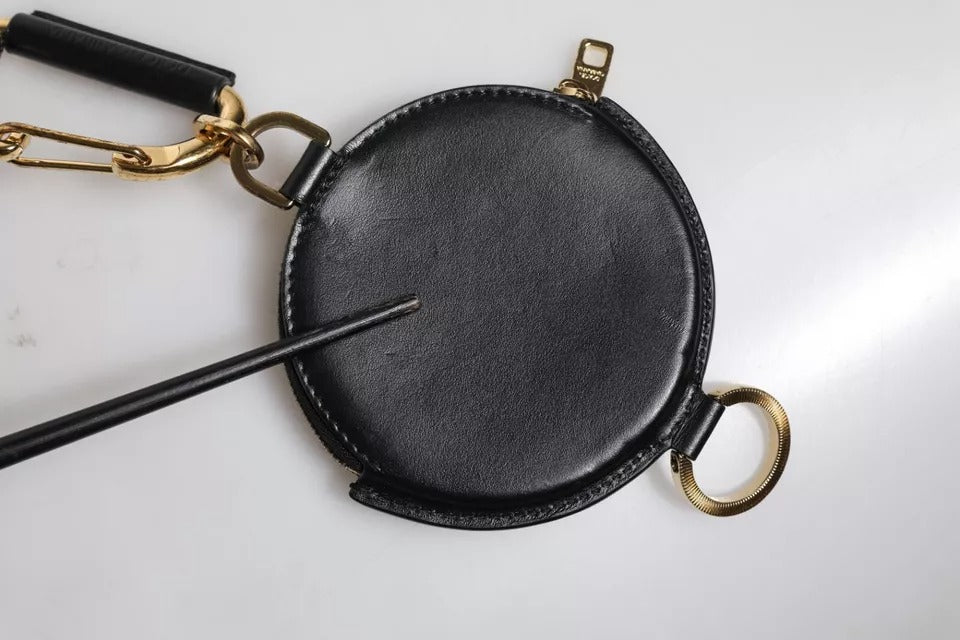 Dolce & Gabbana Black Leather DG Logo Round Coin Purse Lanyard Wallet