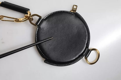 Dolce & Gabbana Black Leather DG Logo Round Coin Purse Lanyard Wallet