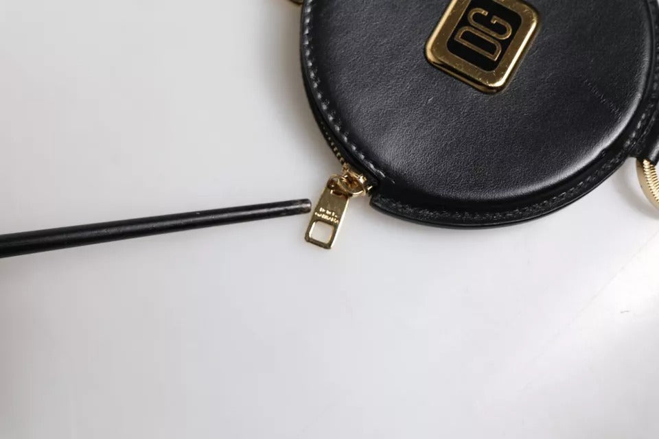 Dolce & Gabbana Black Leather DG Logo Round Coin Purse Lanyard Wallet