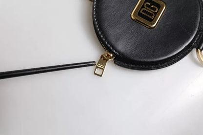 Dolce & Gabbana Black Leather DG Logo Round Coin Purse Lanyard Wallet