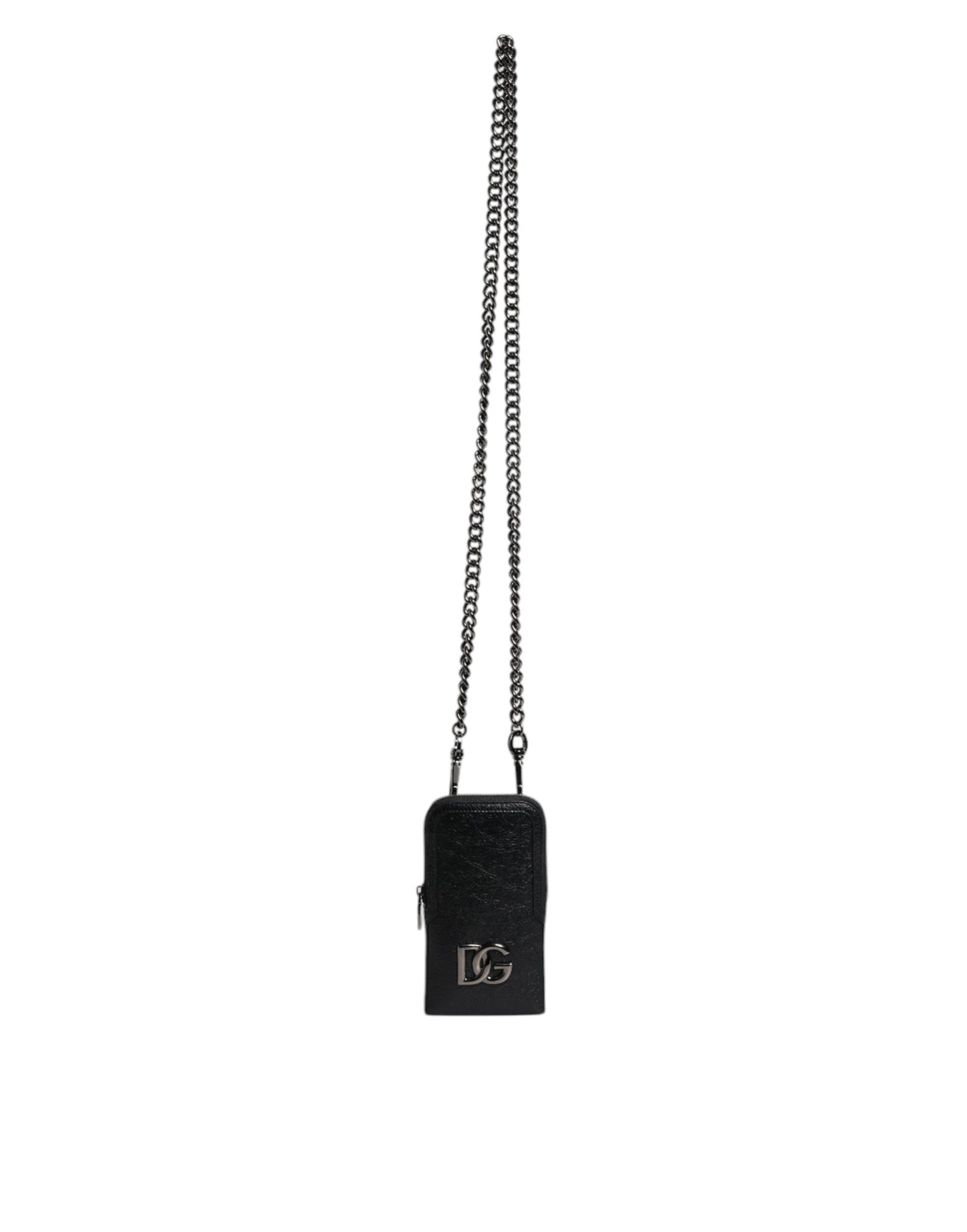 Dolce & Gabbana Black Leather Crossbody Phone Bag with Chain