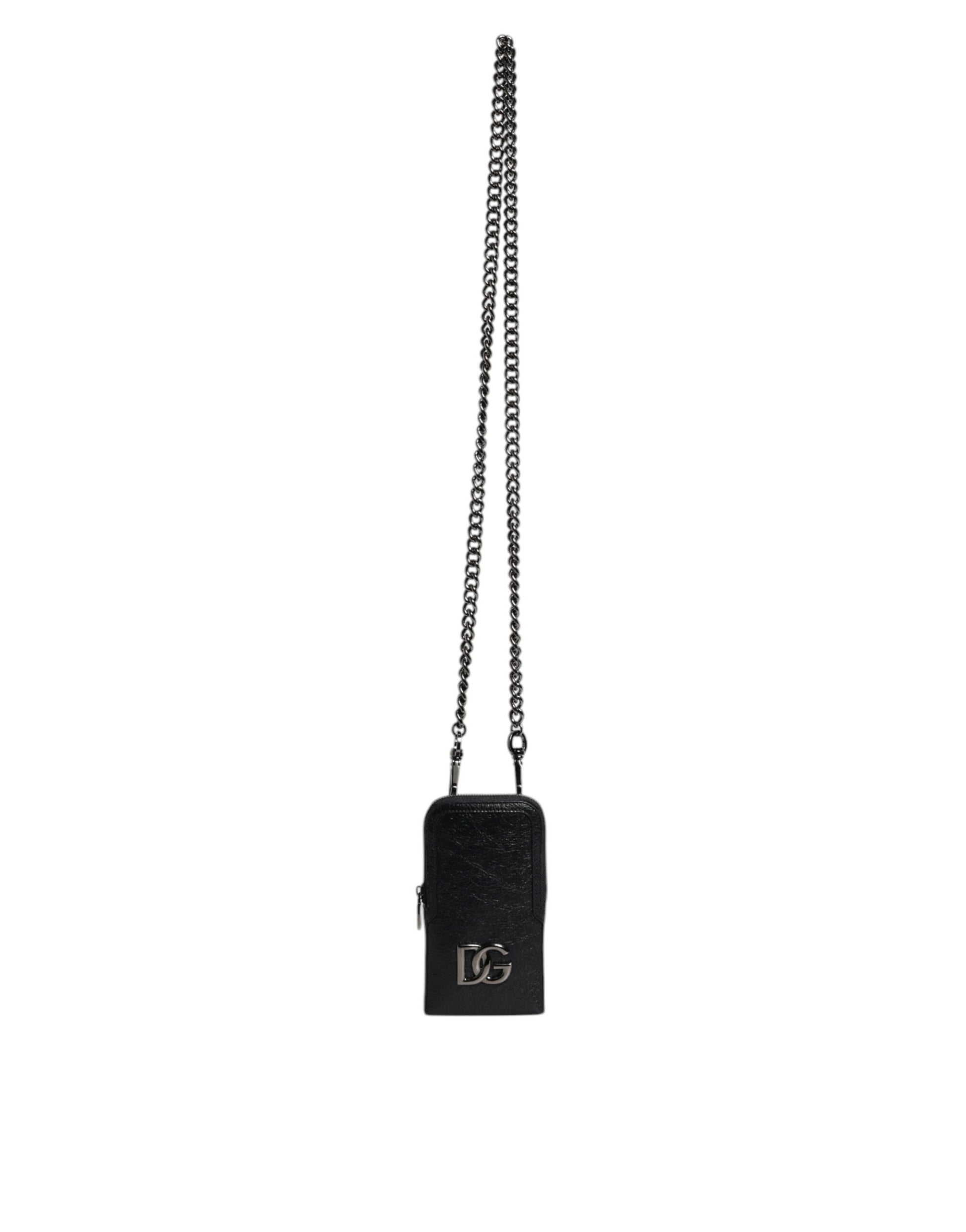 Dolce & Gabbana Black Leather Crossbody Phone Bag with Chain