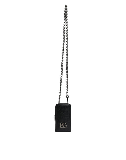 Dolce & Gabbana Black Leather Crossbody Phone Bag with Chain