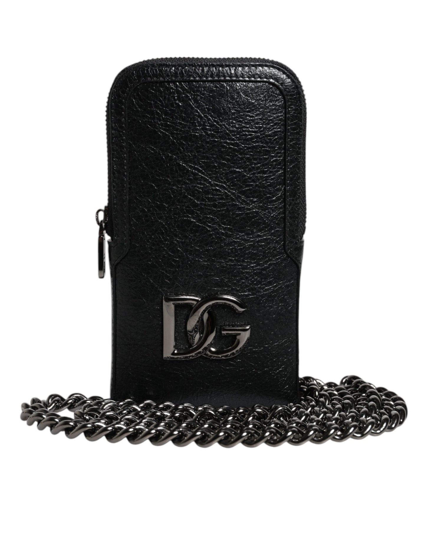 Dolce & Gabbana Black Leather Crossbody Phone Bag with Chain