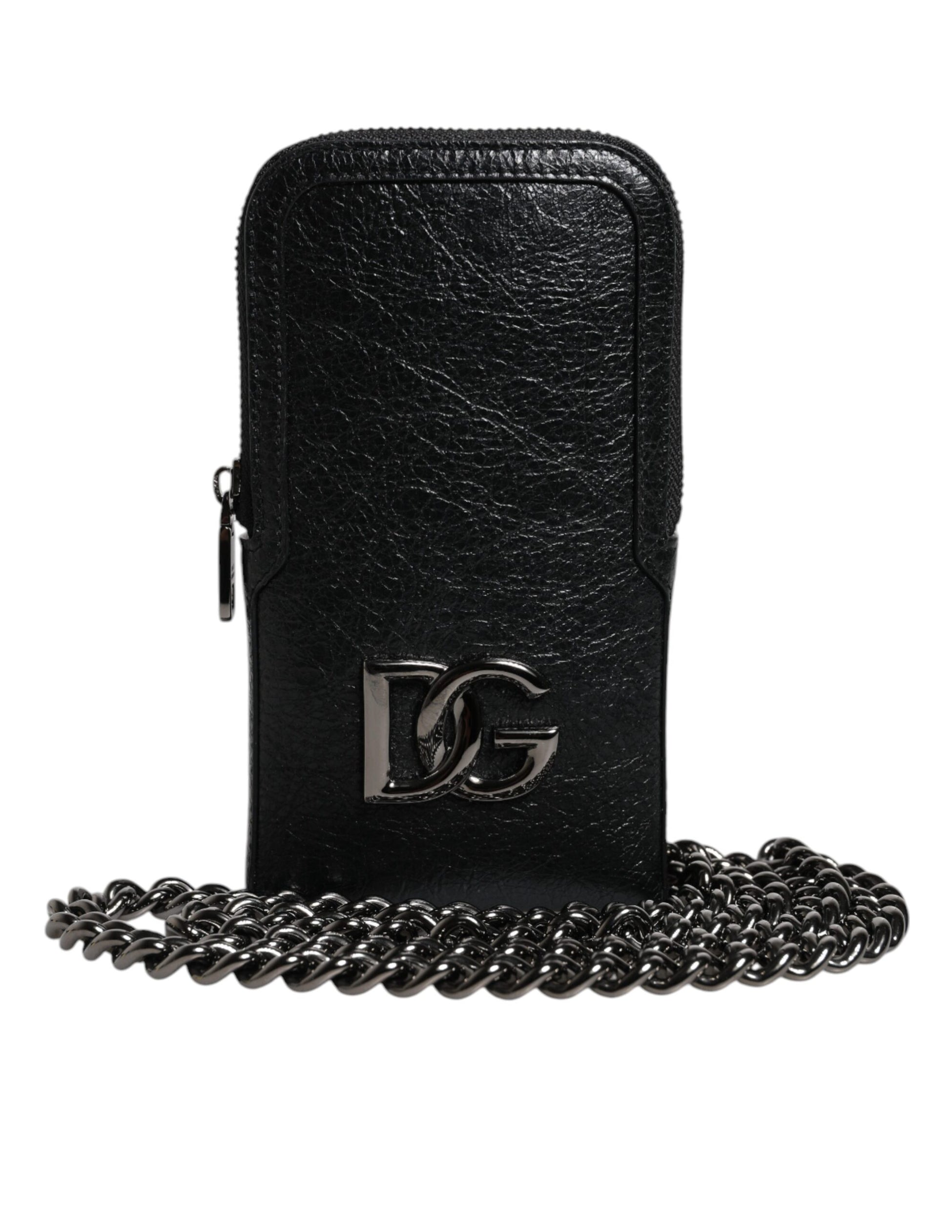 Dolce & Gabbana Black Leather Crossbody Phone Bag with Chain