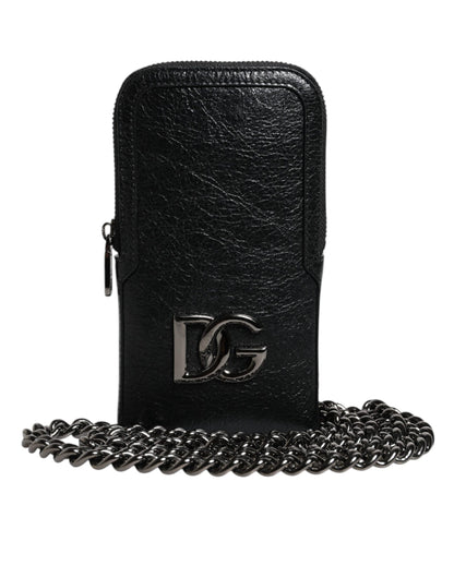 Dolce & Gabbana Black Leather Crossbody Phone Bag with Chain