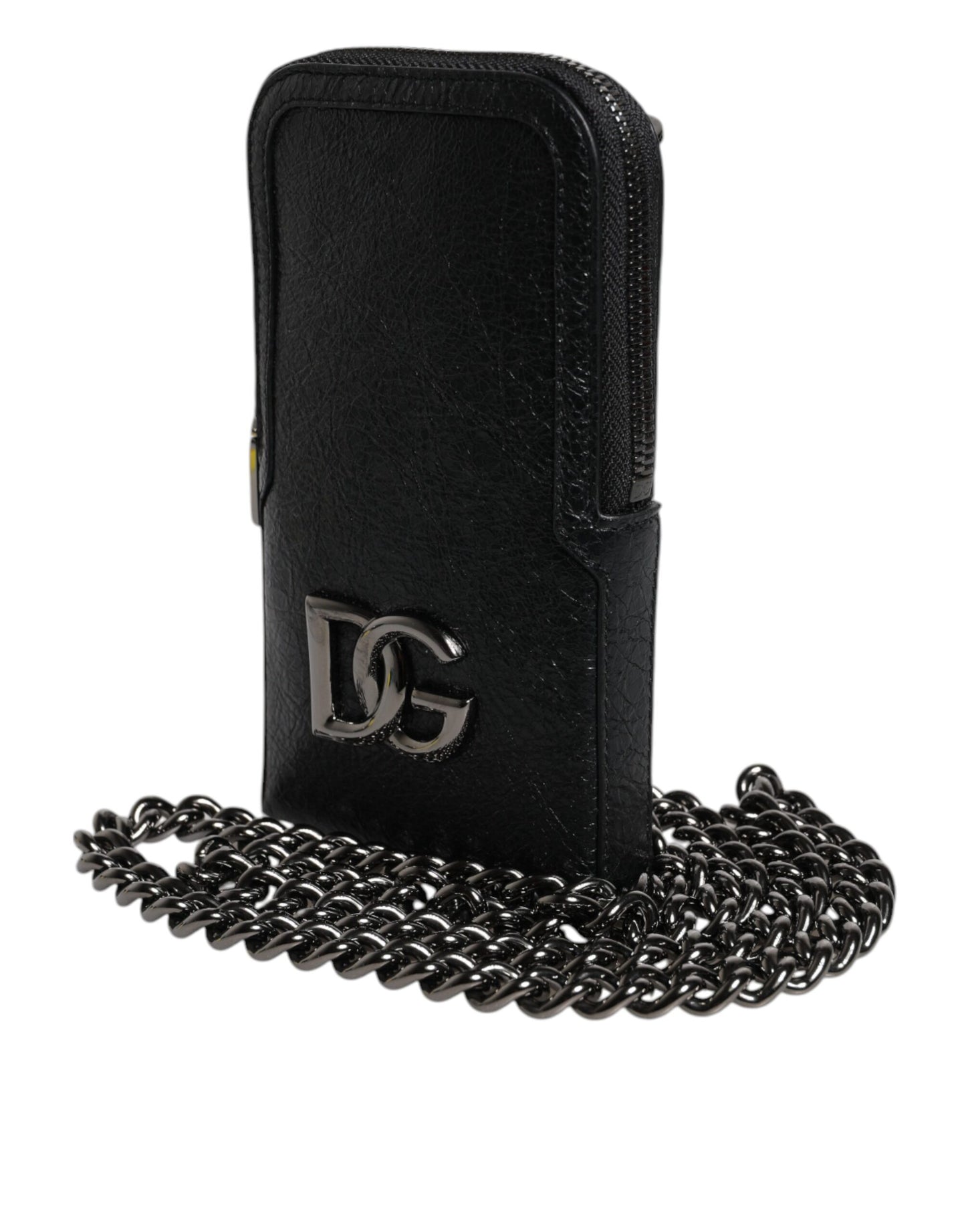 Dolce & Gabbana Black Leather Crossbody Phone Bag with Chain