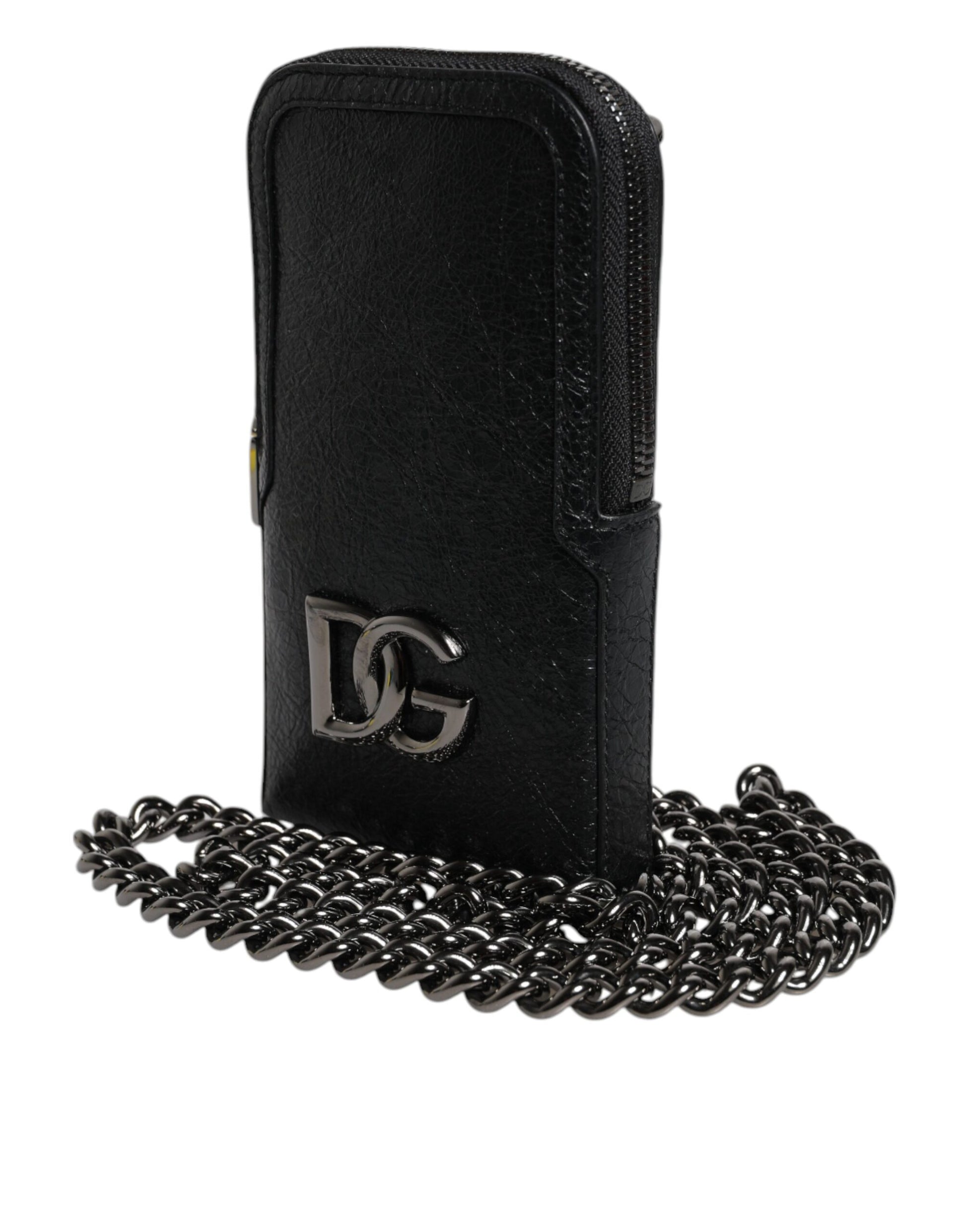Dolce & Gabbana Black Leather Crossbody Phone Bag with Chain