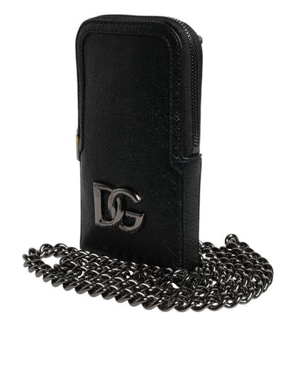Dolce & Gabbana Black Leather Crossbody Phone Bag with Chain