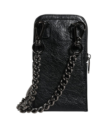 Dolce & Gabbana Black Leather Crossbody Phone Bag with Chain