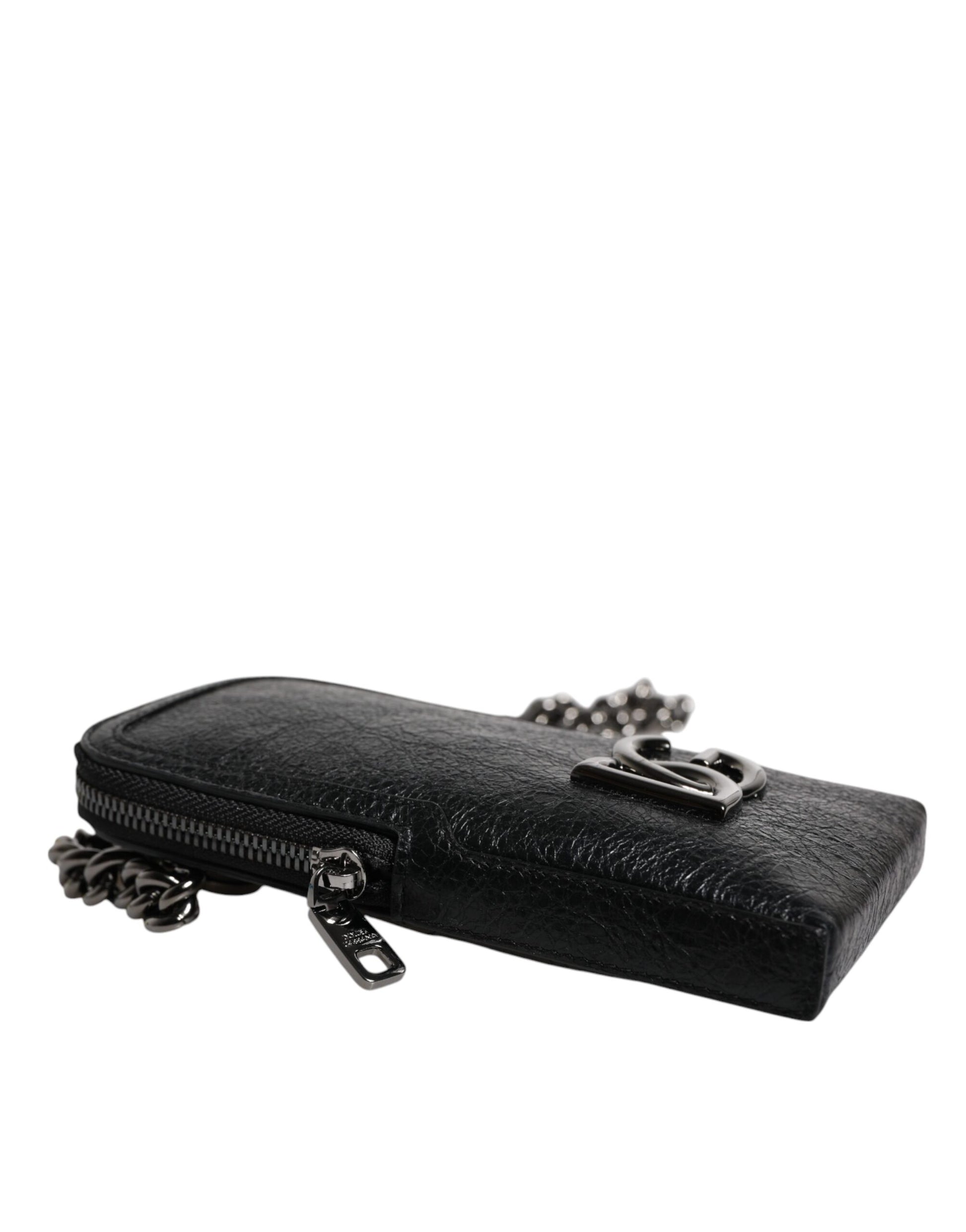 Dolce & Gabbana Black Leather Crossbody Phone Bag with Chain