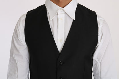 Sleek Black Wool-Silk Formal Vest - The Luxe Alliance