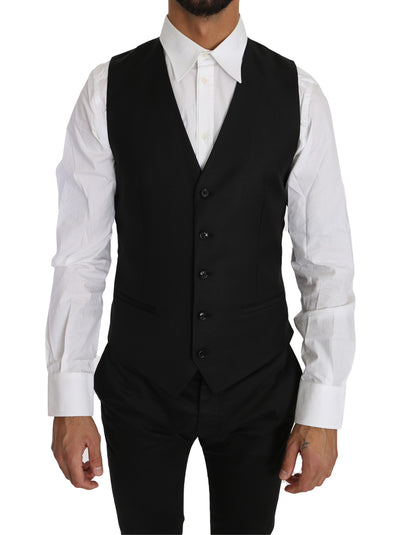 Sleek Black Wool-Silk Formal Vest - The Luxe Alliance