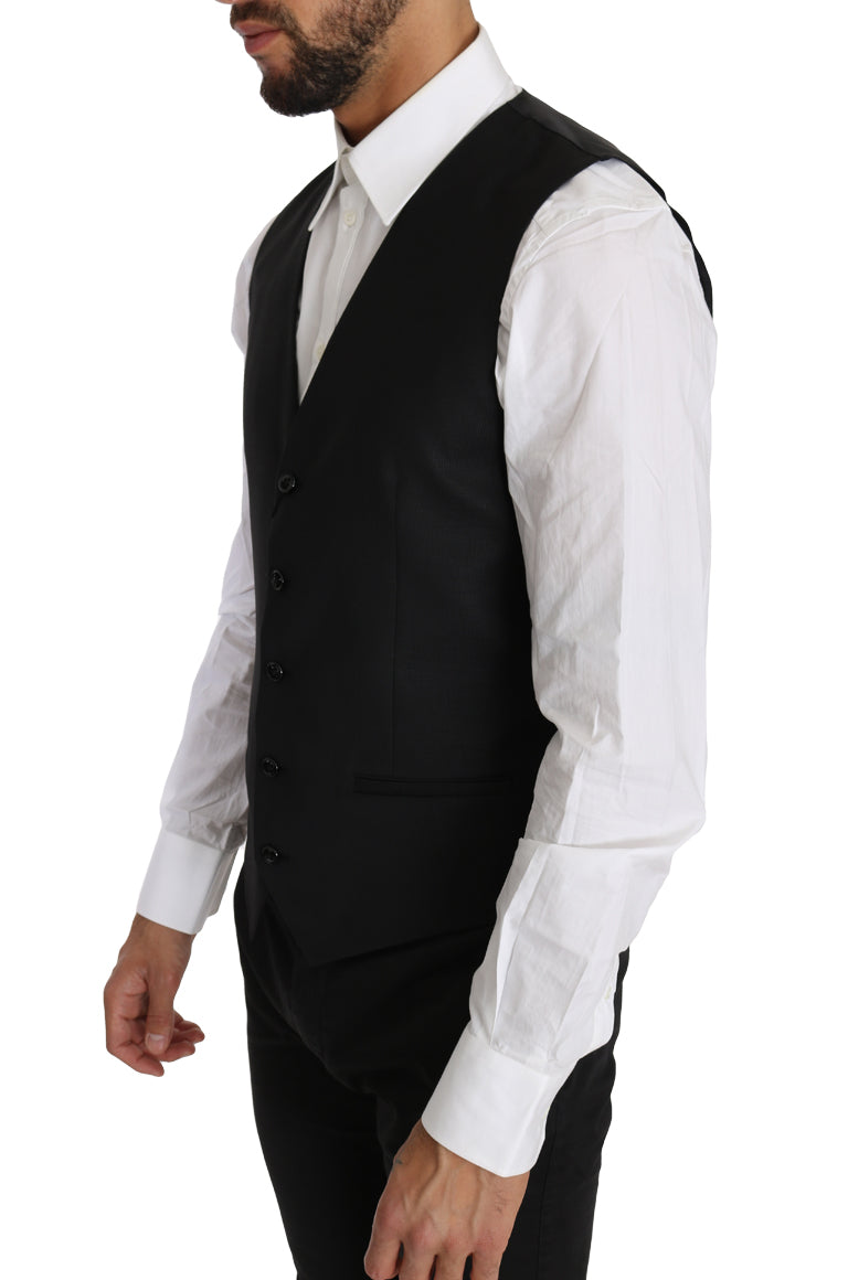 Sleek Black Wool-Silk Formal Vest - The Luxe Alliance