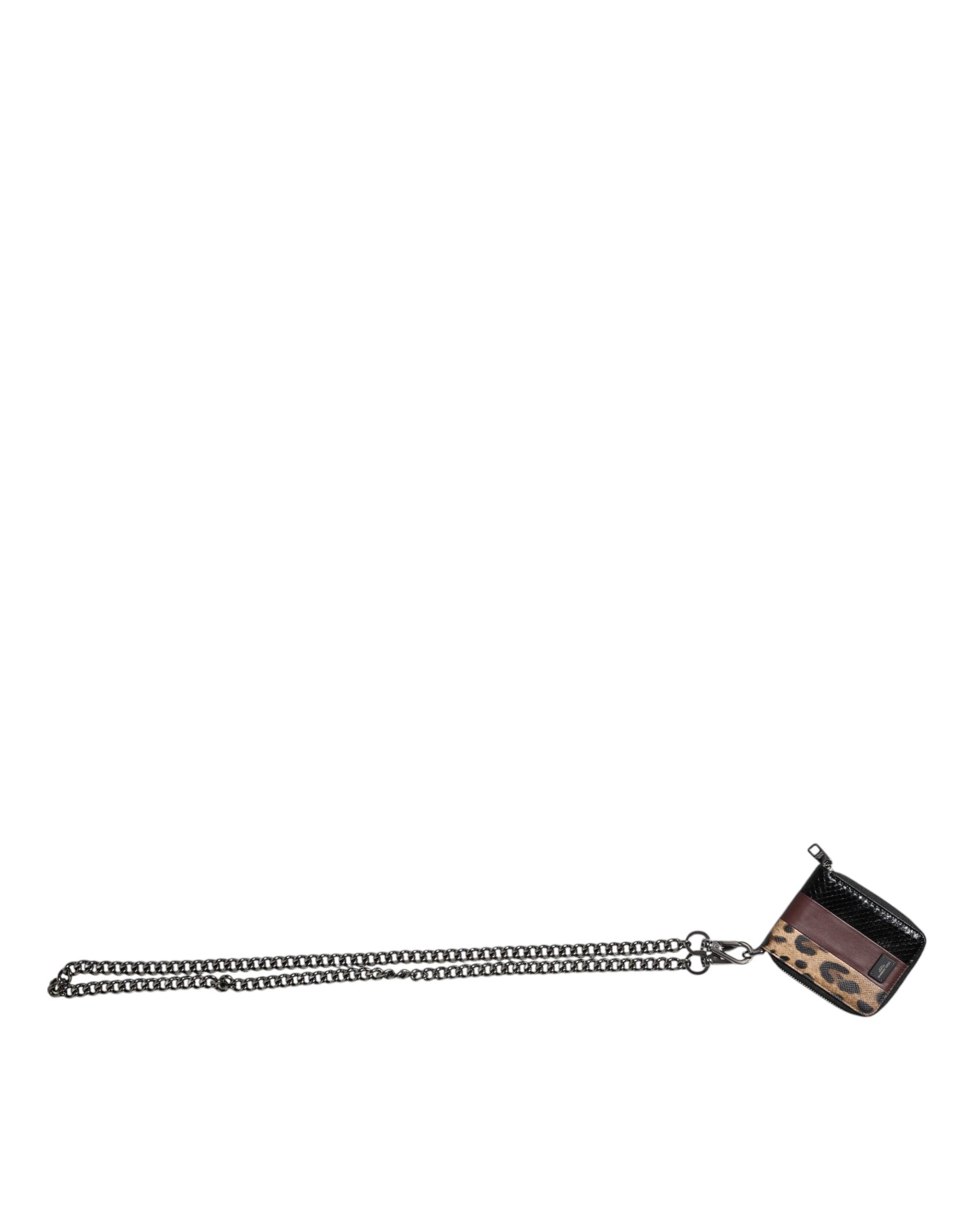 Dolce & Gabbana Leopard Leather DG Bifold Card Holder Wallet with Chain