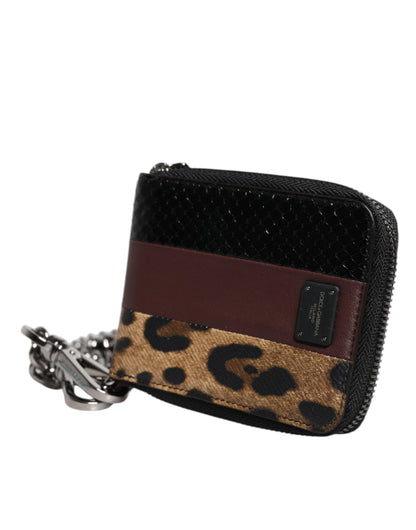  - Dolce & Gabbana Leopard Leather DG Bifold Card Holder Wallet with Chain