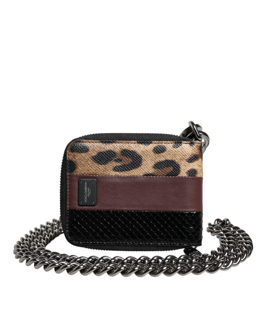  - Dolce & Gabbana Leopard Leather DG Bifold Card Holder Wallet with Chain