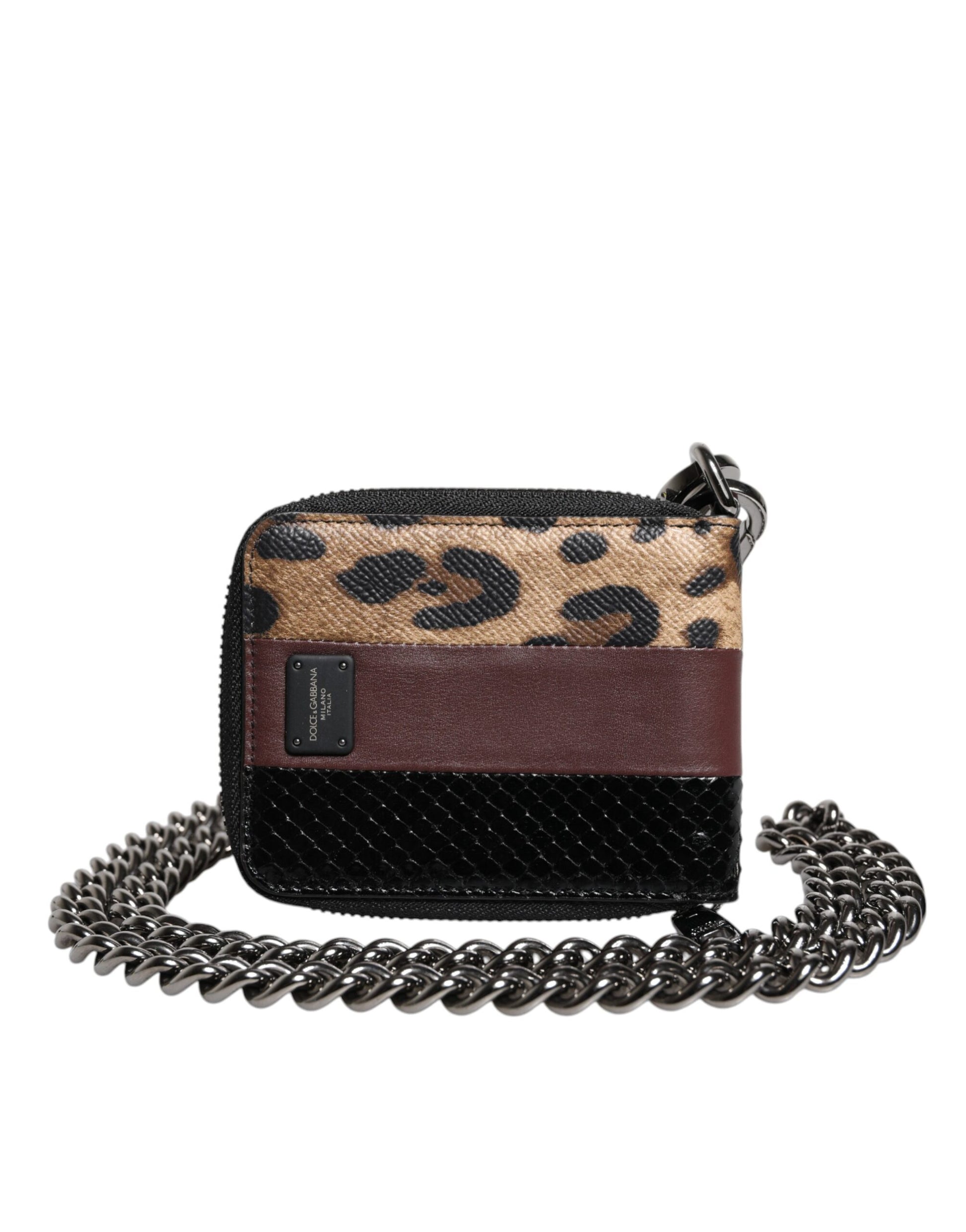 Dolce & Gabbana Leopard Leather DG Bifold Card Holder Wallet with Chain