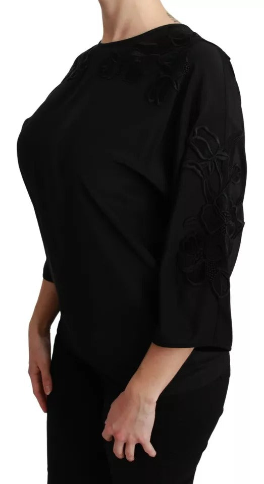 Dolce & Gabbana Black Floral Embroidered 3/4 Sleeve Silk Blouse Top