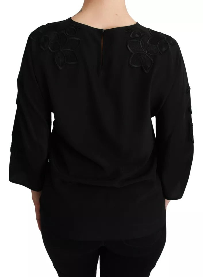 Dolce & Gabbana Black Floral Embroidered 3/4 Sleeve Silk Blouse Top