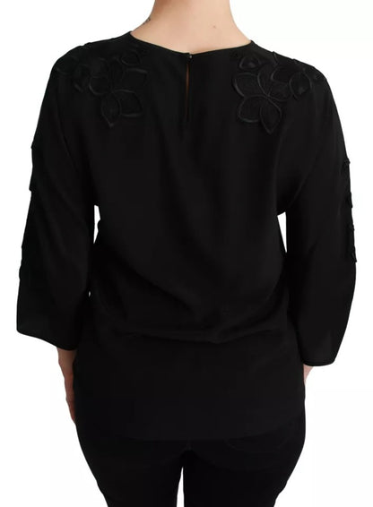 Dolce & Gabbana Black Floral Embroidered 3/4 Sleeve Silk Blouse Top