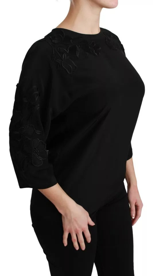 Dolce & Gabbana Black Floral Embroidered 3/4 Sleeve Silk Blouse Top
