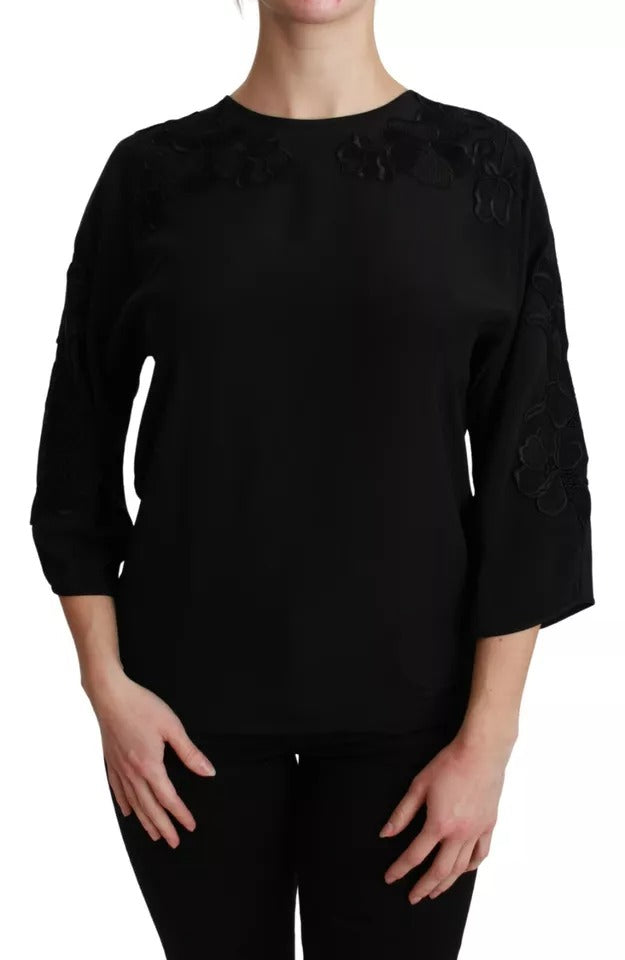 Dolce & Gabbana Black Floral Embroidered 3/4 Sleeve Silk Blouse Top