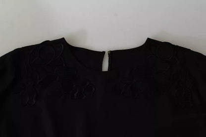 Dolce & Gabbana Black Floral Embroidered 3/4 Sleeve Silk Blouse Top