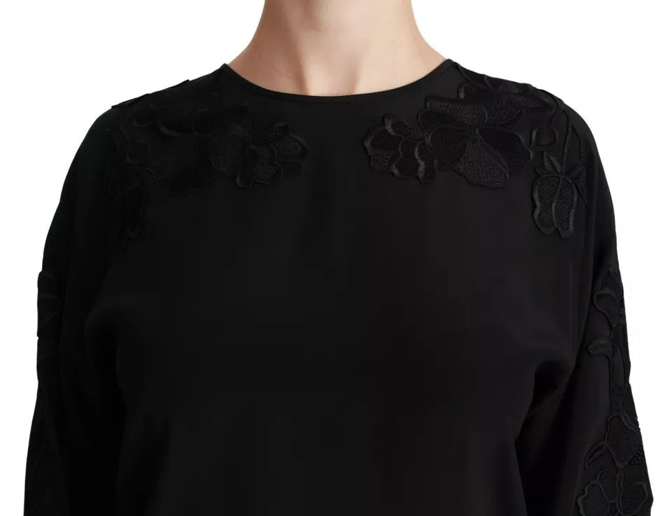 Dolce & Gabbana Black Floral Embroidered 3/4 Sleeve Silk Blouse Top