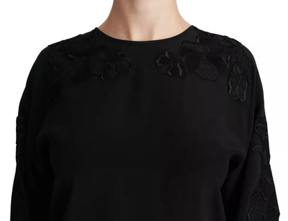 Dolce & Gabbana Black Floral Embroidered 3/4 Sleeve Silk Blouse Top