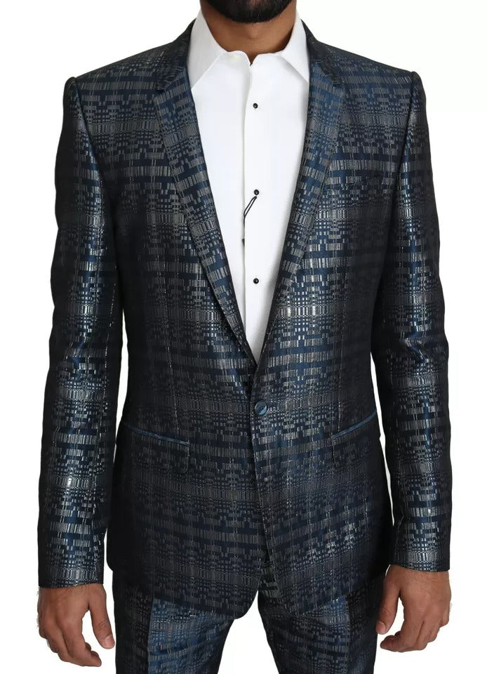 Dolce & Gabbana Blue-Silver Shiny Slim Fit 2-Piece Suit – Runway Edition