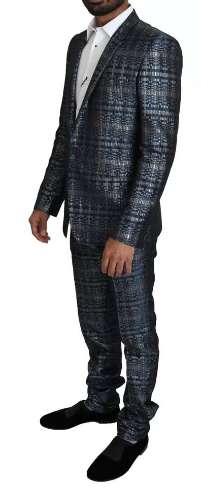Dolce & Gabbana Blue-Silver Shiny Slim Fit 2-Piece Suit – Runway Edition