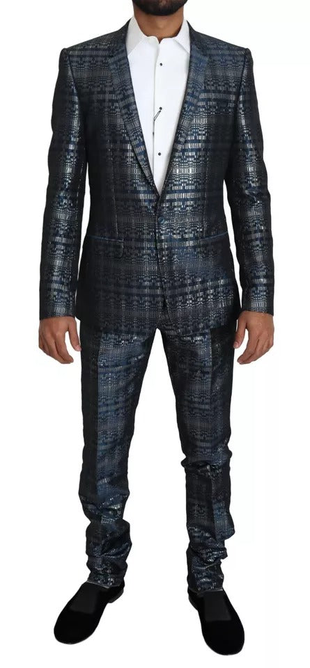 Dolce & Gabbana Blue-Silver Shiny Slim Fit 2-Piece Suit – Runway Edition