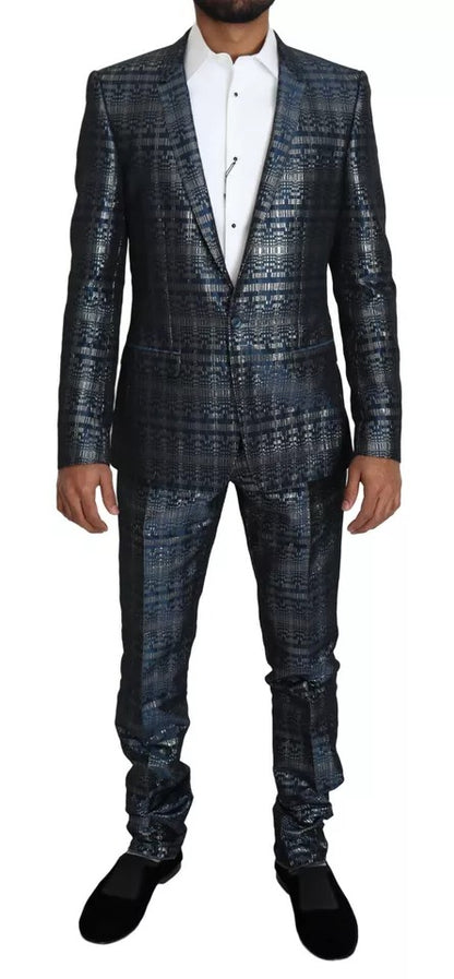 Dolce & Gabbana Blue-Silver Shiny Slim Fit 2-Piece Suit – Runway Edition