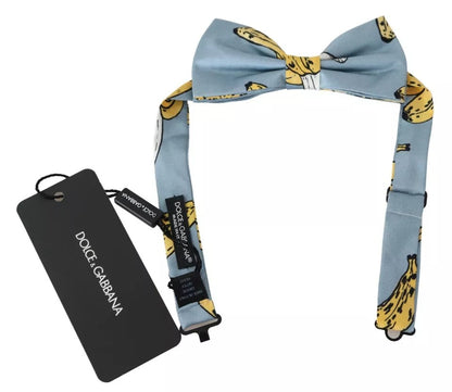 Dolce & Gabbana Light Blue Quirky Banana Print Silk Bow Tie