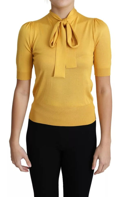 Dolce & Gabbana Yellow Short Sleeved Silk Knit Ascot Collar Top