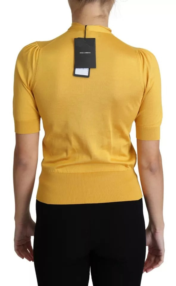 Dolce & Gabbana Yellow Short Sleeved Silk Knit Ascot Collar Top