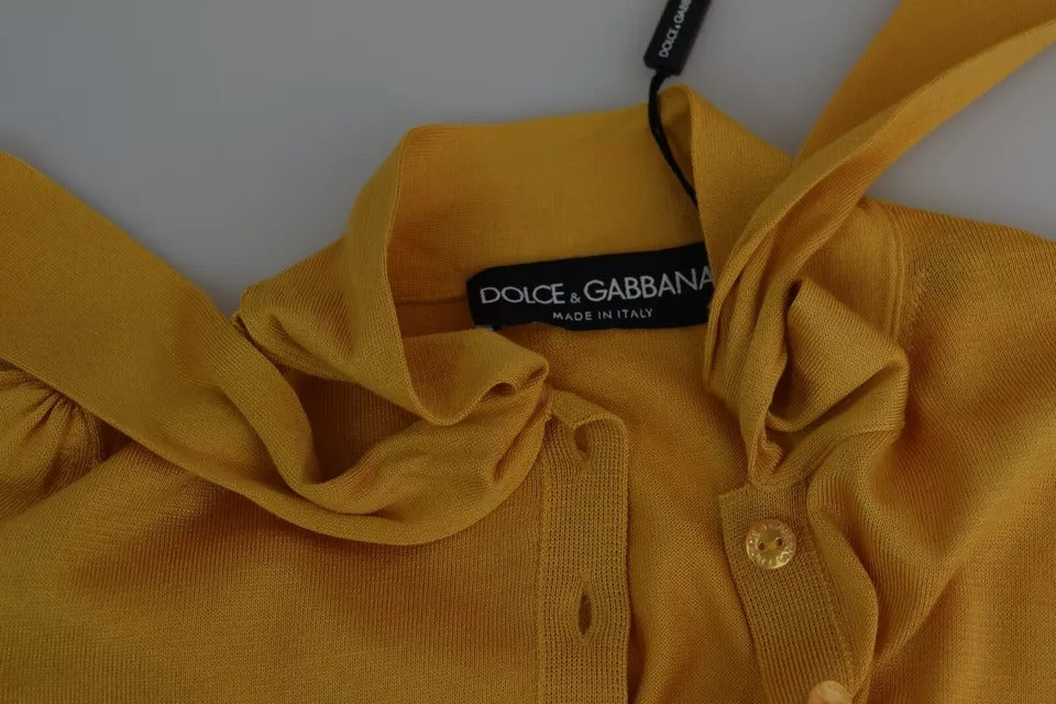 Dolce & Gabbana Yellow Short Sleeved Silk Knit Ascot Collar Top