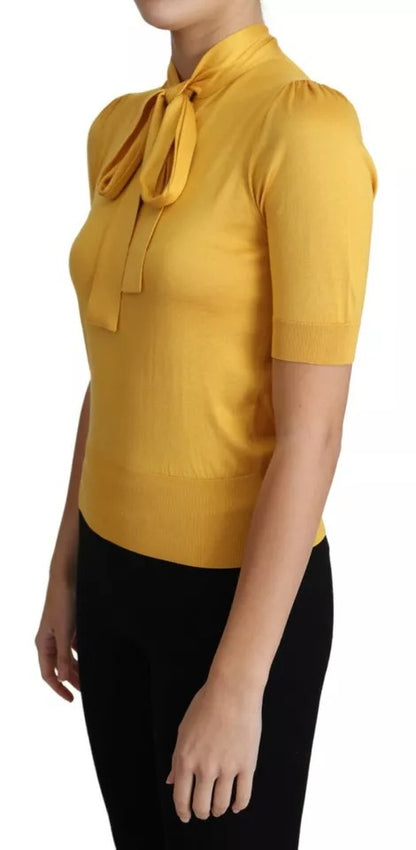 Dolce & Gabbana Yellow Short Sleeved Silk Knit Ascot Collar Top