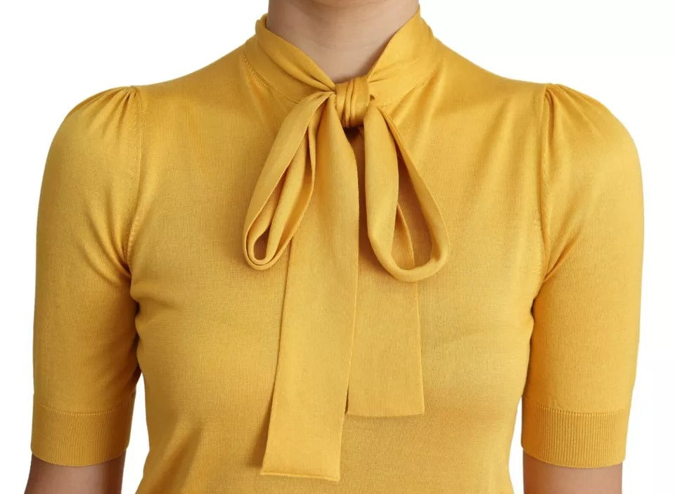 Dolce & Gabbana Yellow Short Sleeved Silk Knit Ascot Collar Top