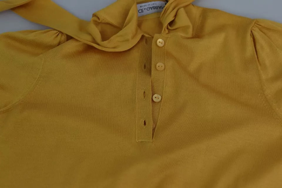 Dolce & Gabbana Yellow Short Sleeved Silk Knit Ascot Collar Top